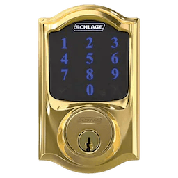 13schlage_connect-smart-deadbolt-with-camelot-trim-z-wave-enabled-paired-with-camelot-handleset-and-accent-lever-with-camelot-trim_bright-brass_front