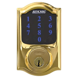 14schlage_connect-smart-deadbolt-with-camelot-trim-z-wave-enabled-paired-with-camelot-handleset-and-accent-lever-with-camelot-trim_bright-brass_front