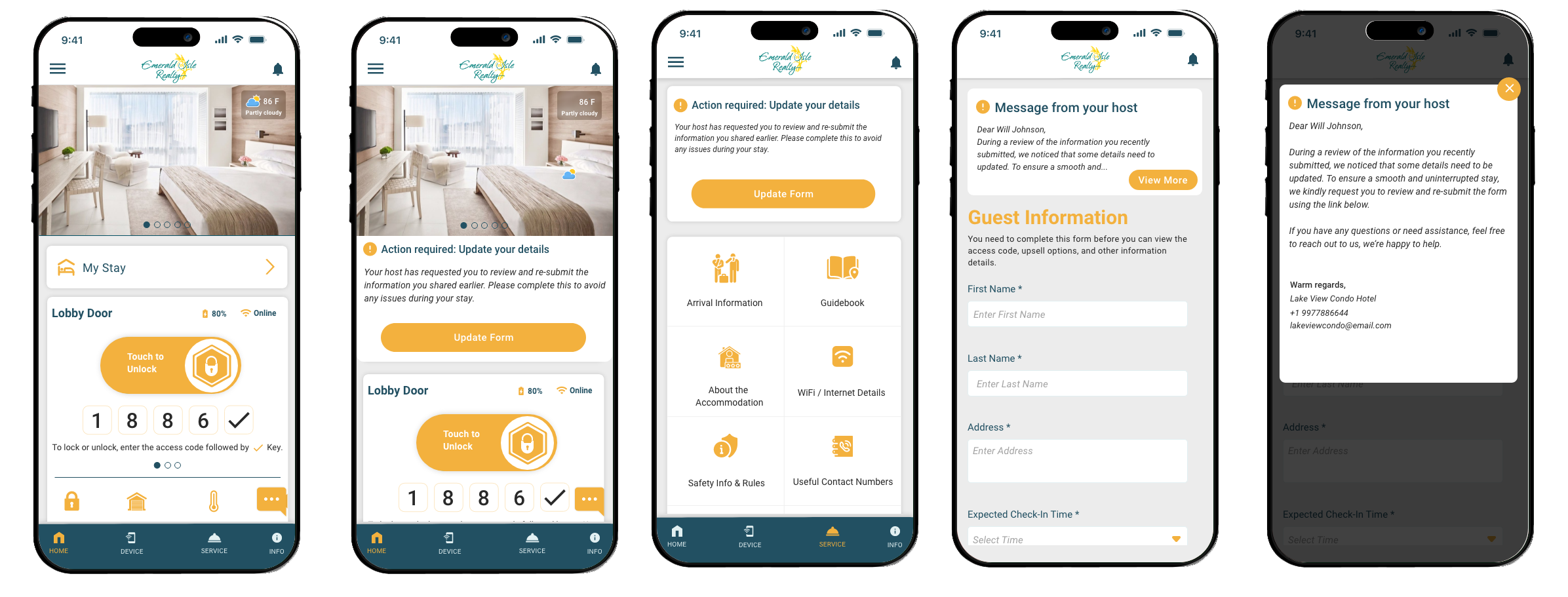 Lynx branded guest portal showing door code and Wi-Fi details